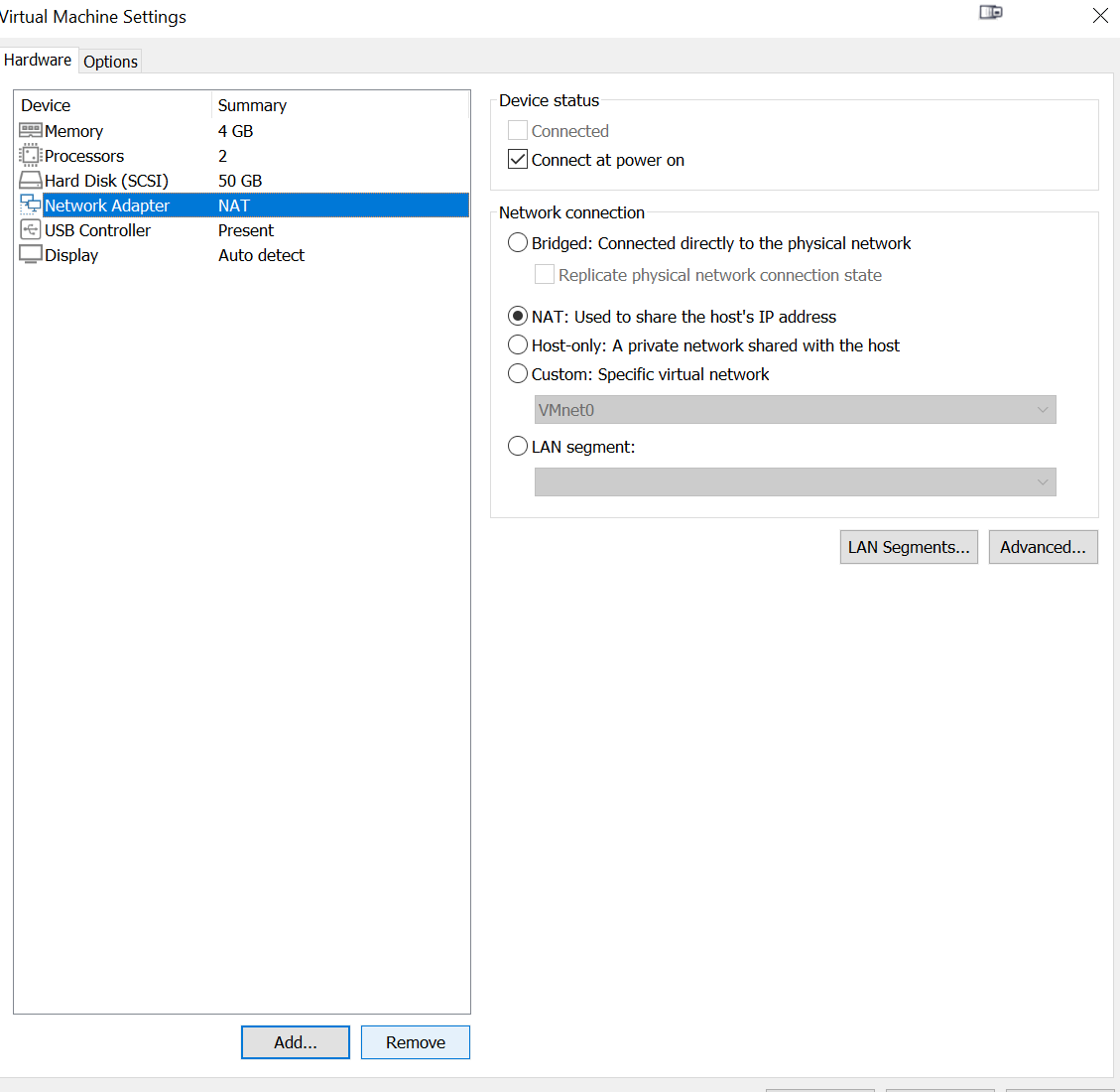 VMware Hardware Settings