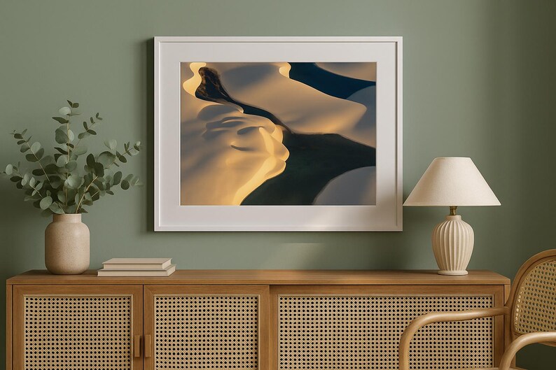 A framed aerial photograph of sculptural dunes and dark lagoons in Brazil